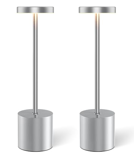 Image of Silver Cordless Table Lamp Rechargeable - 2 Pack 5000mAH Battery Operated Lamp for Counter, 3 Color Stepless Dimming Waterproof LED Wireless Lamp for Dining Kitchen, Outdoor Patio, Touch Control