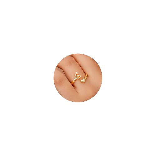 M MOOHAM Gold Rings for Women Girls - 14K Gold Plate Initial Rings for Women Non Tarnish Letter A- Z Dainty Heart Ring Adjustable Pinky Ring Personalized Jewelry Gifts