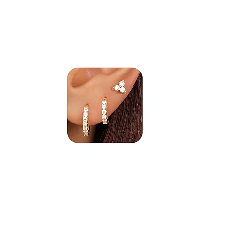 Small Hoop Earrings for Women, Diamond Stud Huggie Cartilage Earrings Set for Multiple Piercing, 3 Pairs Trendy Jewelry Gifts