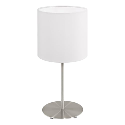 EGLO Tischlampe Pasteri, 1 flammige Textil Tischleuchte, Nachttischlampe aus Stahl und Stoff, Farbe: Nickel matt, weiß, Fassung: E27, inkl. Schalter, H: 40 cm EGLO Tischlampe Pasteri, 1 flammige Textil Tischleuchte, Nachttischlampe aus Stahl und Stoff, Farbe: Nickel matt, weiß, Fassung: E27, inkl. Schalter, H: 40 cm