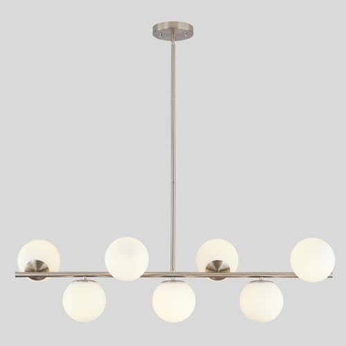 Image of KCO Lighting 7-Light Linear Sputnik Chandelier Brushed Nickel Pendant Light | 31.5 inch Rod for Sloped Ceiling, 12W 3000K E26 Bulb Included, MCM White Milk Glass Light Fixture for Kitchen Island Dining Room