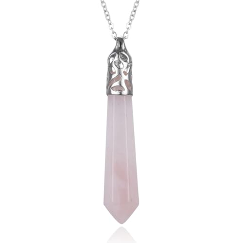 creative club 1pc Real Natural Pink Rose Quartz Hexagonal Pile Gemstone Pendant Necklace Healing Reiki Chakras Energy Rock 26 Inch Hypoallergenic Stainless Steel Surgical Jewelry GGP-BB12