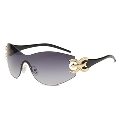 Wrap Around Y2K Sunglasses One Piece Lens UV Proof Glasses Frameless Metal Sunglasses for Men and Women (Black Foot Grey Flakes) - Main Image