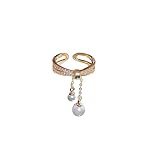 IMINI Dangle Pearl Cross Open Statement Ring for Women Girls 14K Gold Plated Cubic Zirconia Adjustable Layered Finger Band Threader Tassel Chian Engagement Promise Rings Dainty Jewelry Gifts