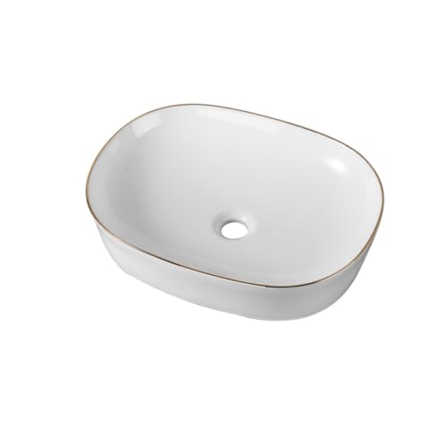 Dileci – Lavabo redondo ovalado blanco con ribete dorado – Lavabo elegante de cerámica – Diseño para baño moderno o industrial – Ideal para encimera o mueble colgante