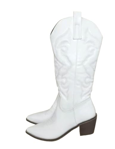 Cowboy Boots for Women - Mid Calf Cowgirl Western Style Pull-On Pointy Toe Lightweight Breathable Leather Retro Comfort Wear Walking Shoes Non Slip Heel with Arch Support