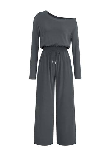 Lazysmile Jumpsuits For Women Dressy Long Sleeve Off Shoulder One Piece Wide Legs Rompers Casual Fall Outfits with Pockets