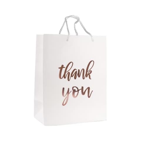 12 Pack Thank You Gift Bags - Elegant Paper Gift Bags With ‘’Thank You’’ Embossed In Rose Gold Foil Letters - Perfect For Birthday Party, Wedding Party, Paper Favor Bags 4"x 7"x 9" Inches - White Cover