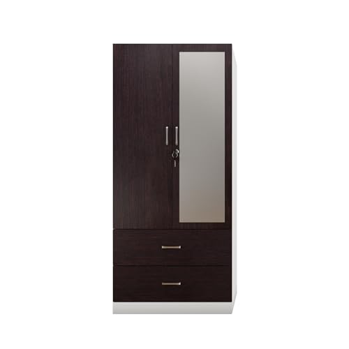 Image of VIKI Wardrobe | Wooden Almirah for Clothes,Door for Bedroom, 2 Door Wardrobe with Drawer, Mirror & Hanging Space (White & Wenge - 40D x 80W x 180H) | 1 Year Warranty | Free Assembly