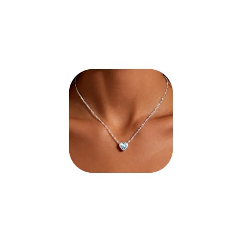 Light Blue Necklace for Women, Aquamarine Necklace, 16+2 Inch Heart Pendant