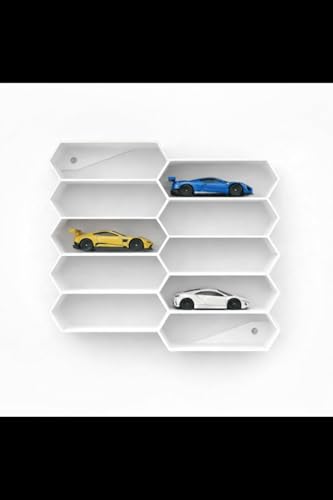 Image of 10-Car Hexagon Wall Rack Compatible with Hot Wheels Stand & 1:64 Die-Cast Cars | Stackable Wall Car Display Organizer with Side Guards & Screw Slot|Home & Office Decor (NO CAR INCLUDED)(White)