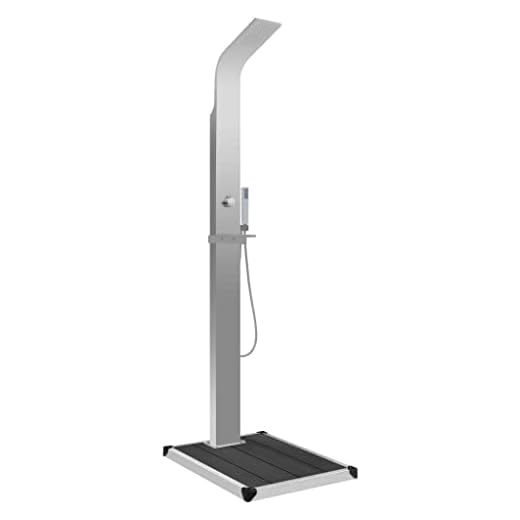 Vidaxl Ducha De Jardín Con Plato Sistema Protección Higiénica Duradera Resistente Panel Con Base Multiuso Bonito Curvado Acero Inoxidable Y Wpc