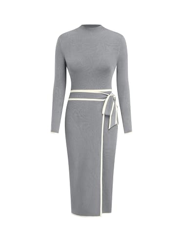 CIDER Sweater Dress for Women Long Sleeve Dress Mock Turtleneck Bow Tie Midi Work Dresses Old Money Business Casual: Grey, L