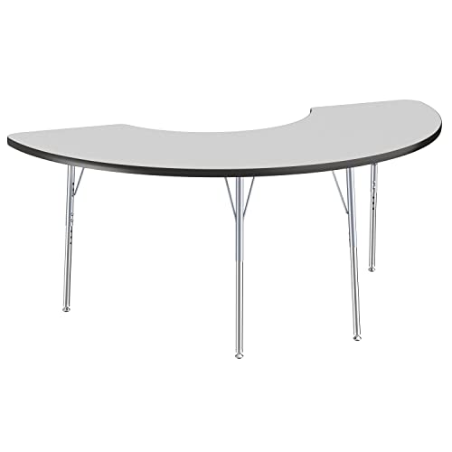 Image of FDP Half Moon Activity School and Office Table (36 x 72 inch), Standard Legs with Swivel Glides, Adjustable Height 19-30 inches - Gray Top, Black Edge, Silver Legs