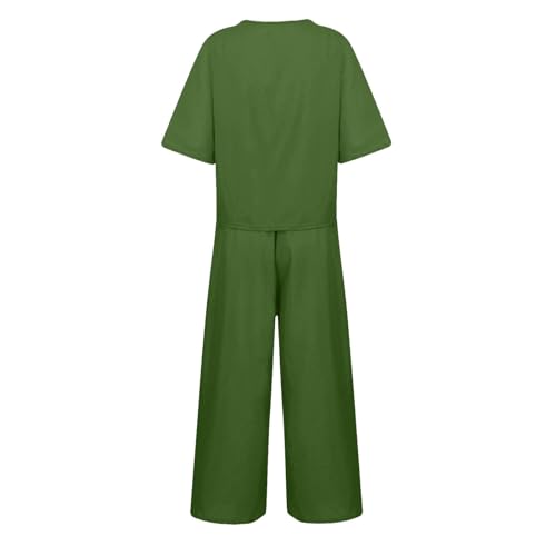 Women's Summer Tracksuit Set Linen Co Ords Sets Short Sleeve Round-Neck T-Shirt Solid Cotton Linen Tops and Loose Wide Leg Pants 2 Piece Outfits Plus Size Loungewear for Holiday Travel - Image 5