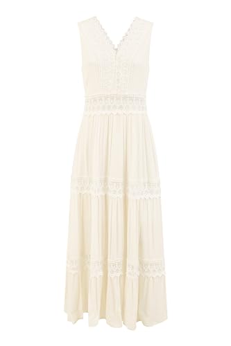Image of Yumi White Lace Trim Cotton Midi Sun Dress (UK, Alpha, S, Regular, Regular, White)