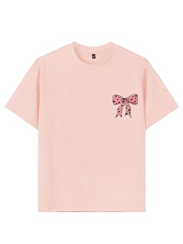 Girl's Bowknot Letter Graphic Tee Round Neck Short Sleeve Cute Tops Loose T Shirt2