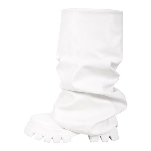 LISHAN Women's Mid Calf Platform Boots Chunky Block Heels Slouchy Fold Down Boots Pull On Under the Knee High Boots Round Toe Dress Faux Leather PU Shoes White Size 12