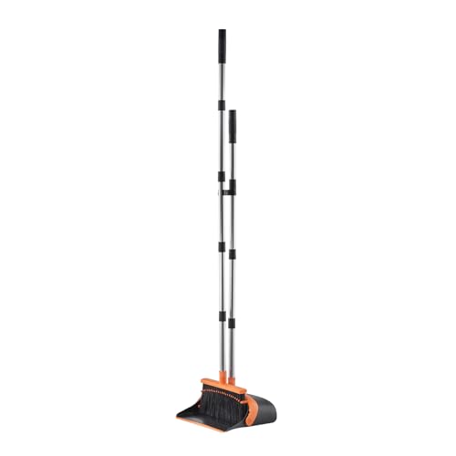 VEVOR Broom and Dustpan Set, Heavy Duty Dustpan and Broom Combo with Self-Cleaning Teeth, Metal Upright Standing Dust Pan with Long Handle, Ideal for Home, Restaurant, Office, Dorm, Black+Orange