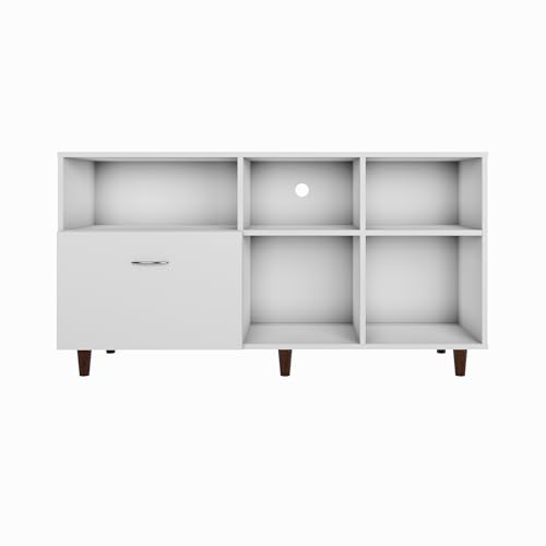 Image of VIKI Modern TV Unit for Living Room | Engineered Wood TV Cabinet with 1 Drawer Storage & 3 Open Shelves, Set Top Box Stand, Entertainment Unit, 140W x 74H x 40D cm | DIY | 1 Year Warranty (White)