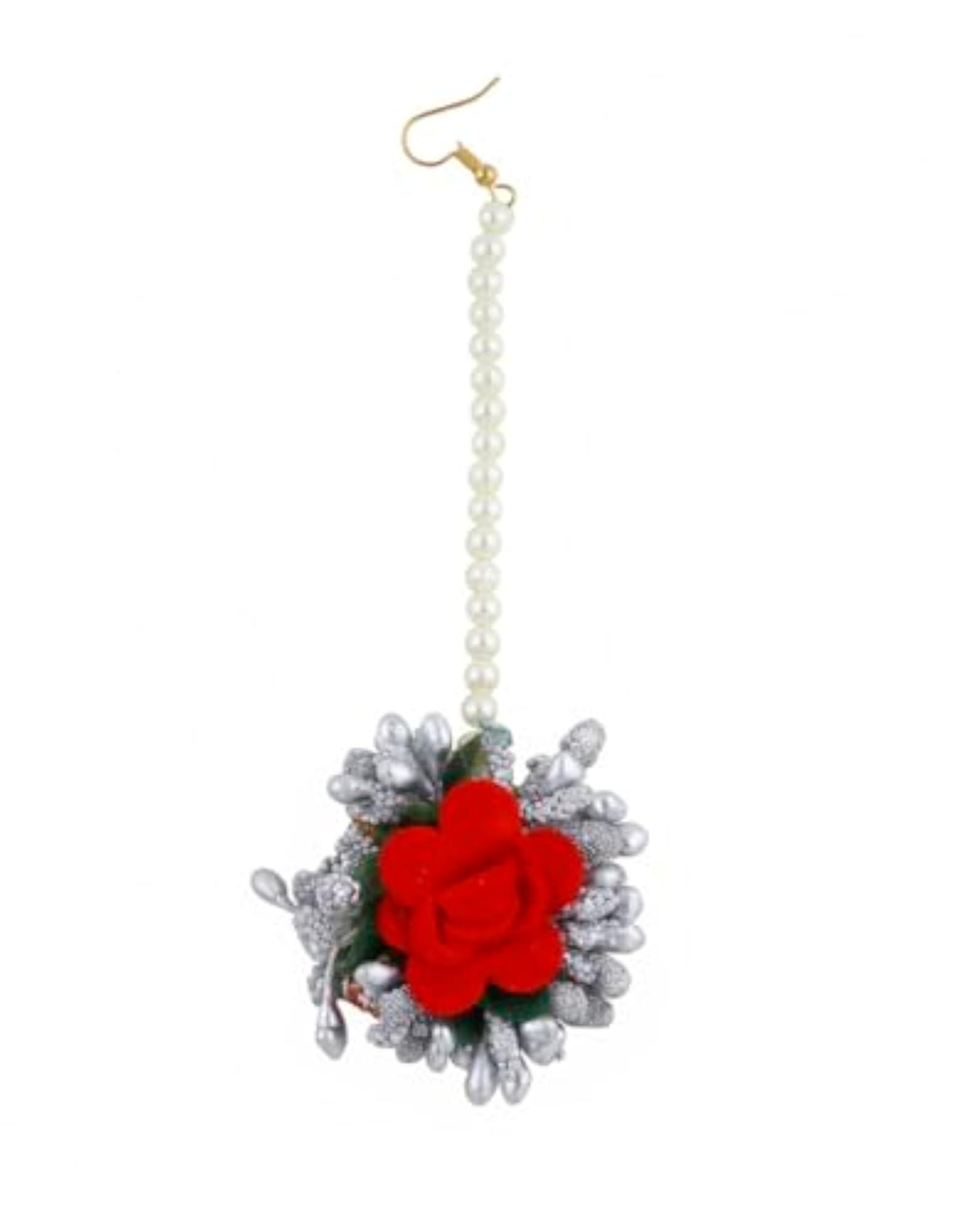 Pink Flower Long Necklace Set with Pearls & Beads