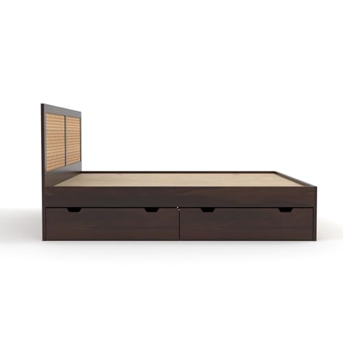 Image of Sheesham Wood Cane Bed with Drawer Storage for Bedroom | King Size Wooden Double Bed Palang with Rattan Headboard & Footboard (Walnut Finish)