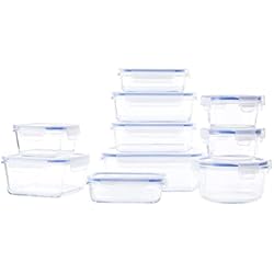 Cacerolas Amc Amazon Basics - Recipientes de cristal para alimentos, con cierre 20 Piece Set (10 envases + 10 tapas), sin BPA, Transparente, Azul