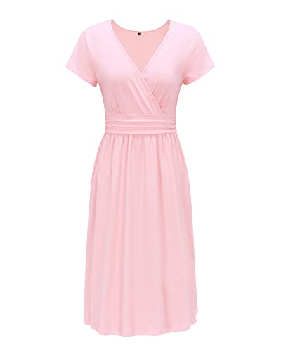 OUGES Women's 2025 Summer Short Sleeve V-Neck Wrap Casual Party Dress with Pockets(Pink,XL) - Thumbnail 3