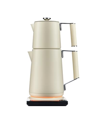 Saki Turkish Tea Maker Machine Pro Electric Double-Pot Teapot 1.75L 120 Min Keep-Warm Stainless Steel BPA-Free Auto Shut-Off & Boil-Dry LED Brew Ring Pearl White