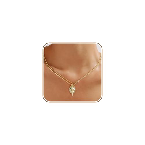 AllenCOCO Gold Cross Necklaces for Women, Crucifix Necklaces, Dainty Virgin Mary Necklace, Virgen de Guadalupe, Layered Pendants Chain Non Tarnish