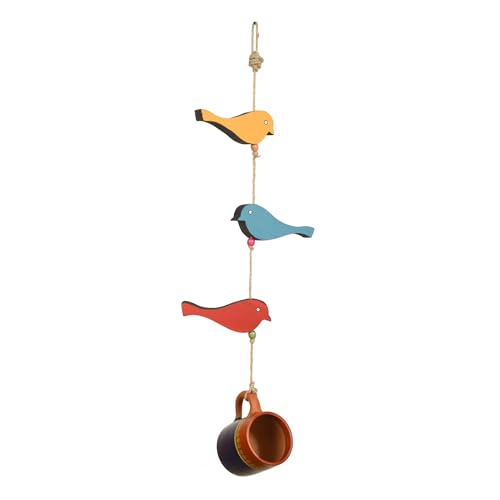 Image of Aakriti Art Creations Hanging Bird Feeder | Blue Teracotta Cup with Metal Bird Motifs | Decorative Outdoor & Indoor Bird Feeders, Garden Decor, Home Decor, Handcrafted Wind Chime, Feng Shui