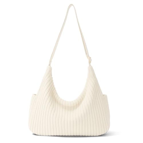 Bolsa de Ombro Feminina em Veludo Cotelê Macio - Estilo Hobo Bag, Textura Ondulada e Alça Ajustável - Ideal para Outono/Inverno, Compras e Uso Casual (Off White)