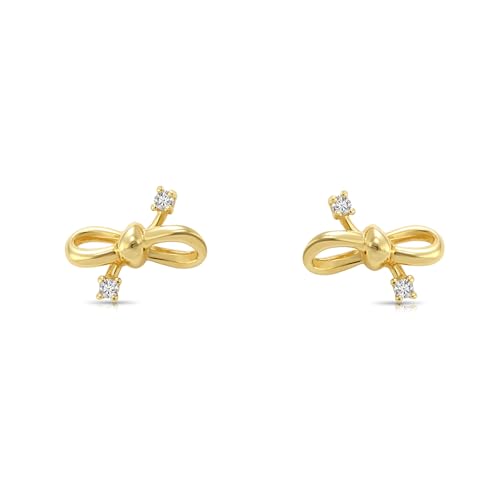 14k Solid Gold Ribbon Bow Cubic Zirconia Stud Earrings with Screw-backs
