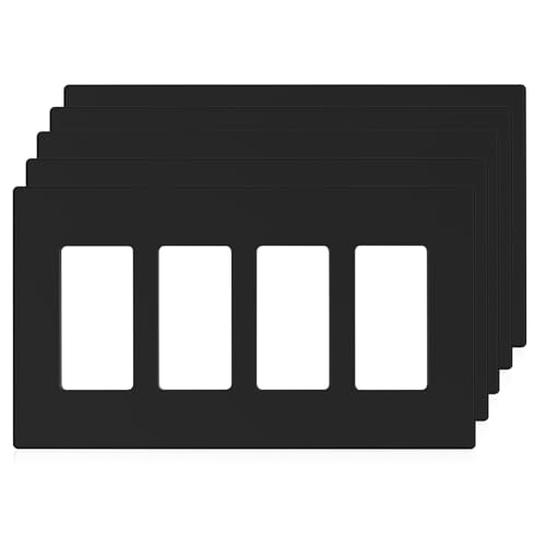 Image of ELEGRP 4-Gang Screwless Decorative Wall Plates, Mid-Size Unbreakable Thermoplastic Faceplate Cover for Decorator Receptacle Outlet Switch, UL Listed (5 Pack, Matte Black)