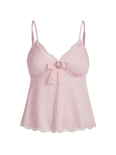 SHENHE Women's Coquette Bow Babydoll Top Lace Trim Heart Eyelet Cute Camisole Tank Top Pink M