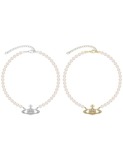 FUGLUS 2pcs Collier de perles Saturne,collier perle, collier de perles en argent Saturne avec strass, collier de perles planète, collier de perles avec pendentif, collier de perles Saturne