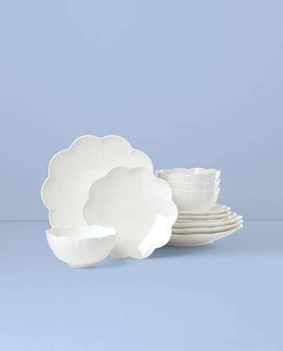 Image of Lenox Dinnerware Set, Studio 1414 Scallop 12-Piece Set, Service For 4, Bone China Material, Dishwasher & Microwave Safe, Home And Kitchen, Kitchen And Dining, Plates And Bowls Sets (White, 12 Pieces)