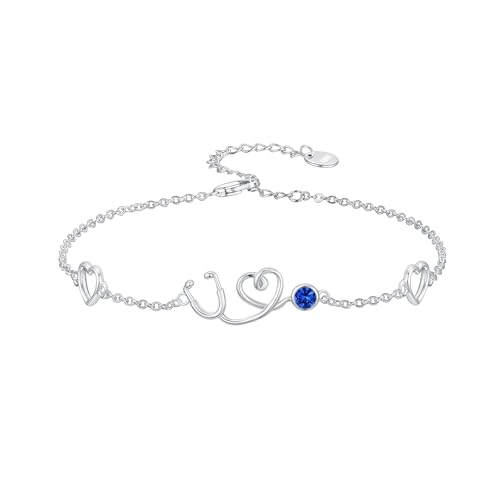 Dorunmo Stethoscope Bracelet 925 Sterling Silver Nurse Stethoscope Bracelet with Birthstone Graduation Jewelry Gifts for Nurse Doctor Medical Student