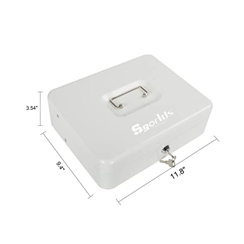 Polspag Cash Box with Lock and 2 Keys, Metal Money Box with Cash Tray, Lock Safe Box, 4 Bill/5 Coin Slots, 11.8L x 9.5W x 3.5H Inches (Key-White)
