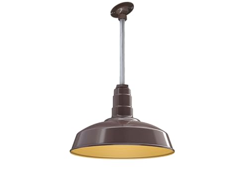 Image of Steel Lighting Co. Carson Barn Light | Ceiling Mounted Pendant | 16 inch Dome | 12 inch Sloped Stem | Industrial Style Steel Light Made in America | Dark Bronze Exterior /Brass Interior