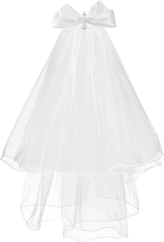 SlenyuBridal White Girls First Communion Veil Crystal Cross Bow Veil First Communion Dress Up Chapel Baptism Veil