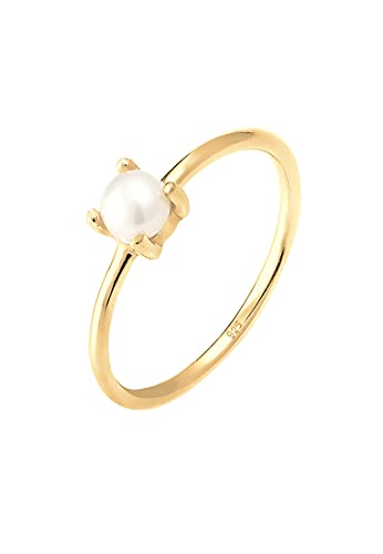 Elli Anillo solitario para mujer con perla de agua dulce en plata de ley 925 chapada en oro, 56, Corte facetado, Sin piedras preciosas