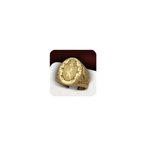 HM021 Sterling Silver Plated 18K Yellow Gold Mens Crown Lion Shield Badge Royal Seal Animal Pattern Hip Hop Cocktail Party Ring Size 7-13