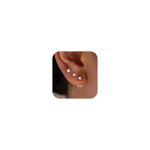 Gold Stud Earrings Set for Women, 3 Pairs Jacket Post Studs Earring Stacks, Hypoallergenic 14K Gold Dainty Diamond Cartilage Trendy Fashion Small Accessories Piercing Jewelry Gifts for Women