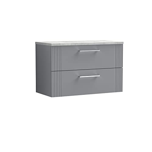 nuie DPF295LBG Deco Modern Bathroom Wall Hung 2 Drawer Part Fluted Vanity Basin Unit with Laminate Bellato Grey Worktop, 800mm, Satin Grey