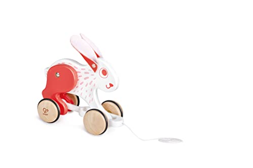 Image of Hape: Pull Along - Bunny - White & Red - Wooden Animal Toy, Rubber Rimmed Wheels, Encourages Walking, Push & String Pull, Kid Baby Toddler, Age 12 mo+