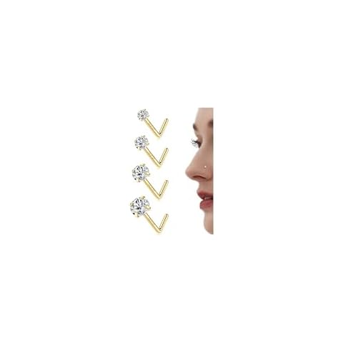 LOLIAS 14K Gold Filled Nose Studs 316L Surgical Steel Gold Nose Rings Studs 6A CZ Simulated Diamond Corkscrew L Shaped Nose Piercing Hypoallergenic Nose Rings for Women Men 20G Cover