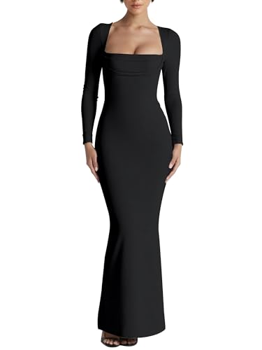 Kaximil Women's Sexy Long Sleeve Wedding Guest Maxi Dress Slip Square Neck Bodycon Cocktail Long Dresses