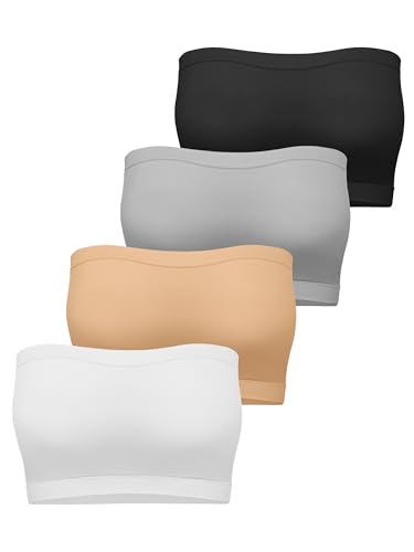 Cooraby 4 Pack Women Tube Tops Summer Non-Padded Seamless Bra, 4 Colors (Black, White, Beige, Grey)
