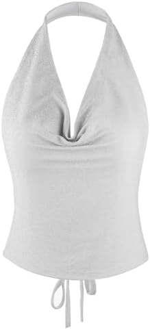 Women Halter Top Sparkly Sexy Backless Crop Top Party Club Rave Festival Outfit Draped Front Night Going Out Vest Tops Metalic Silver - Image 5